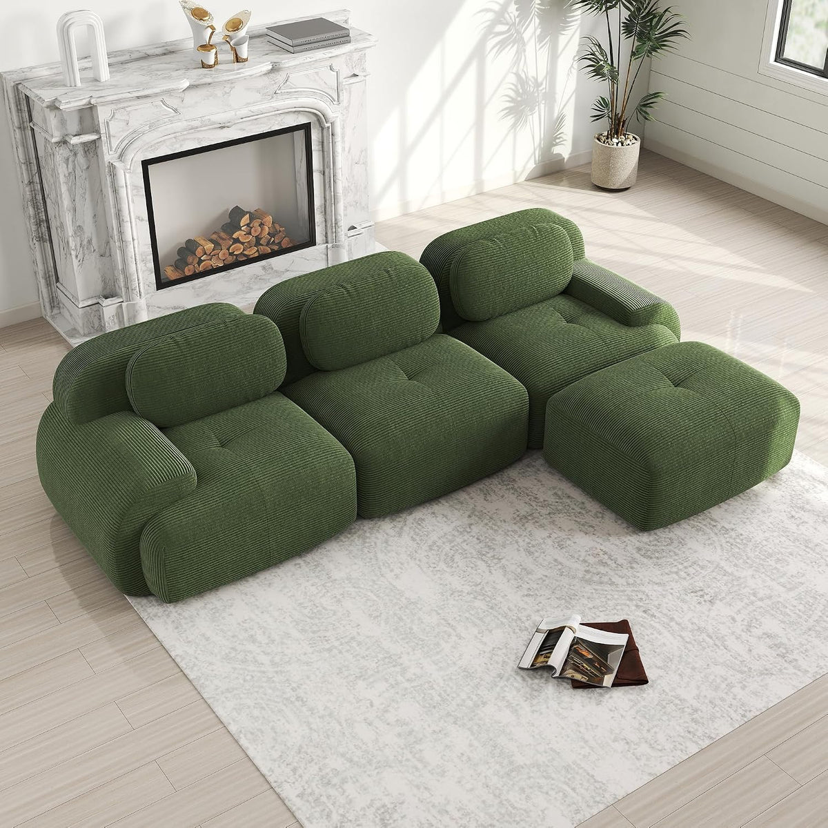 Bladez Modernes 3-Sitzer Cord Sofa Modulares L-förmiges Ecksofa mit Ottoman Hocker, Ohne Montage, für Wohnzimmer