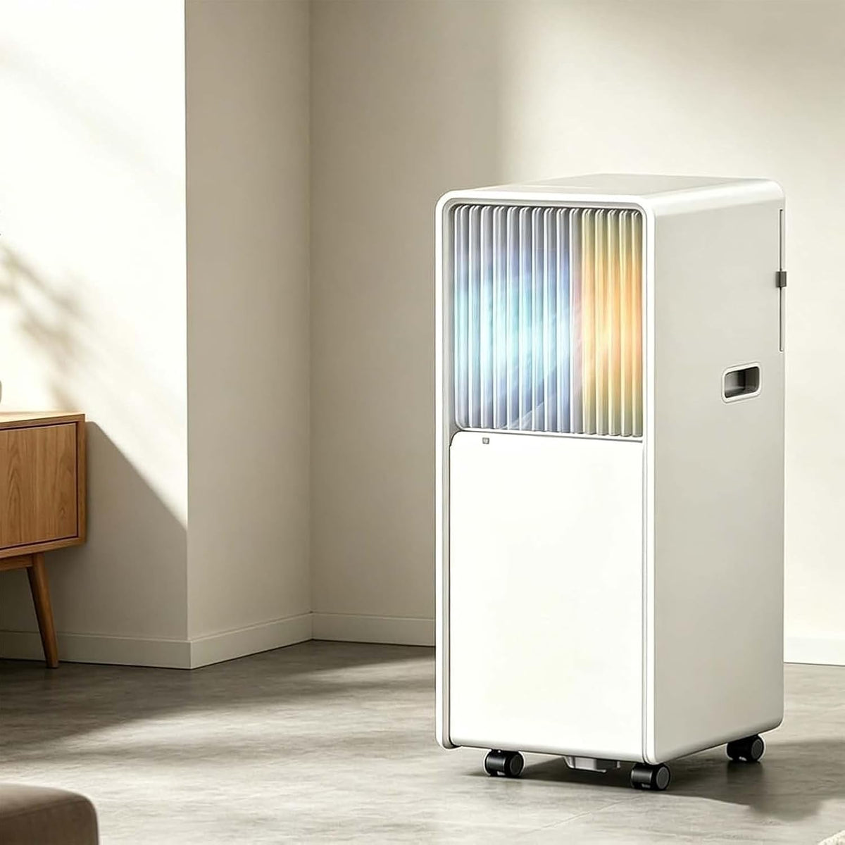 Tragbare Klimaanlage 4-in-1 Inverter mit Heizen Kühlen Entfeuchten Ventilator, 360° Lenkrollen für Räume bis 45 m², Fernbedienung, Staubfilter, Q7
