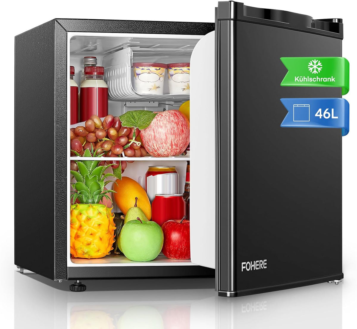 Mini Kühlschrank E 46L mit Eisfach, Kühlschrank Klein 42 dB, für Küche, Wechselbarer Türanschlag, Energiesparend, Temperaturregelung, Büro