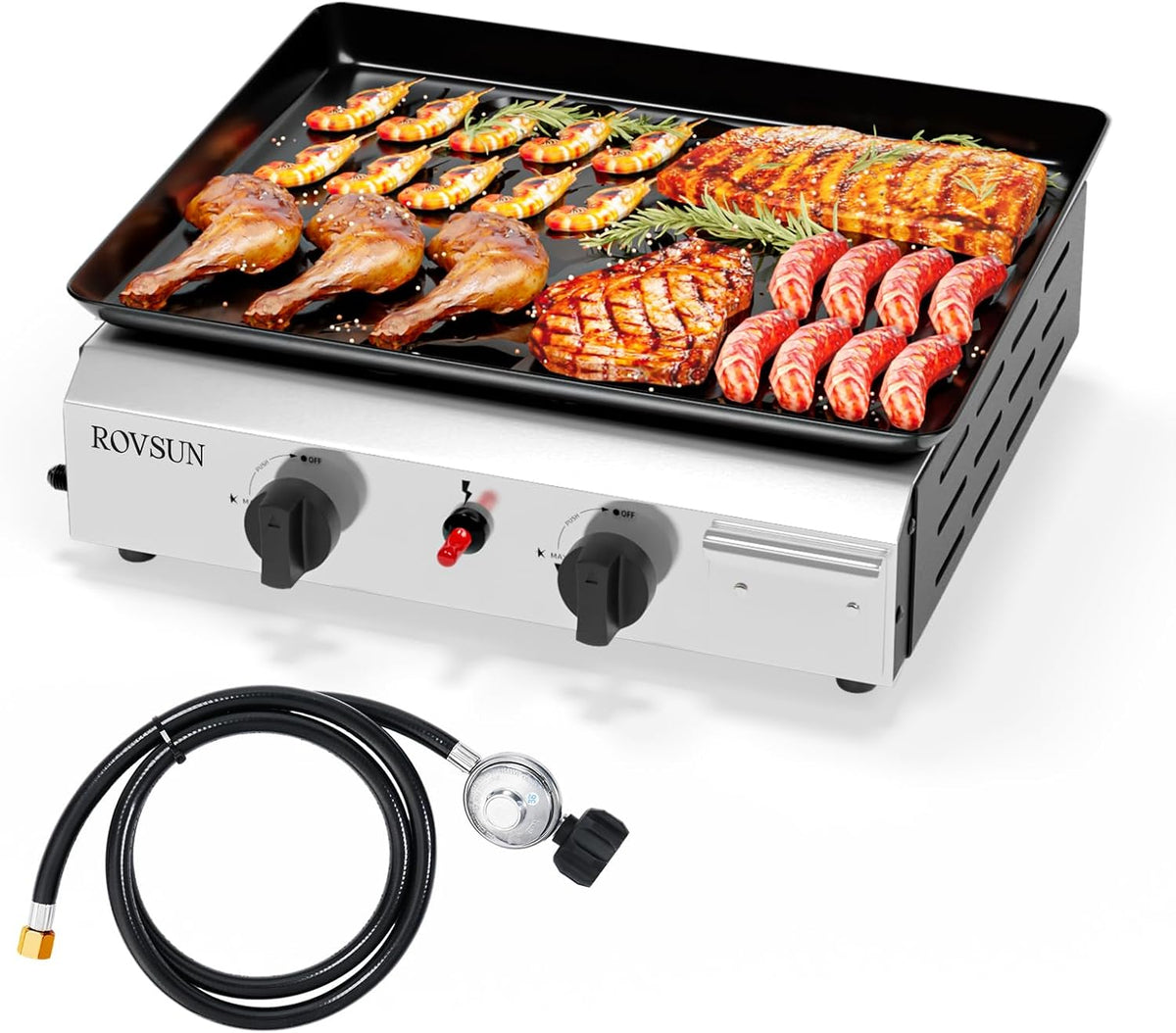 ROVSUN Camping Gasgrill Tischgrill aus Edelstahl, ohne Strom 44x39x16 cm, 4,8 kw, mit 2 Brennern, Garten & Strand