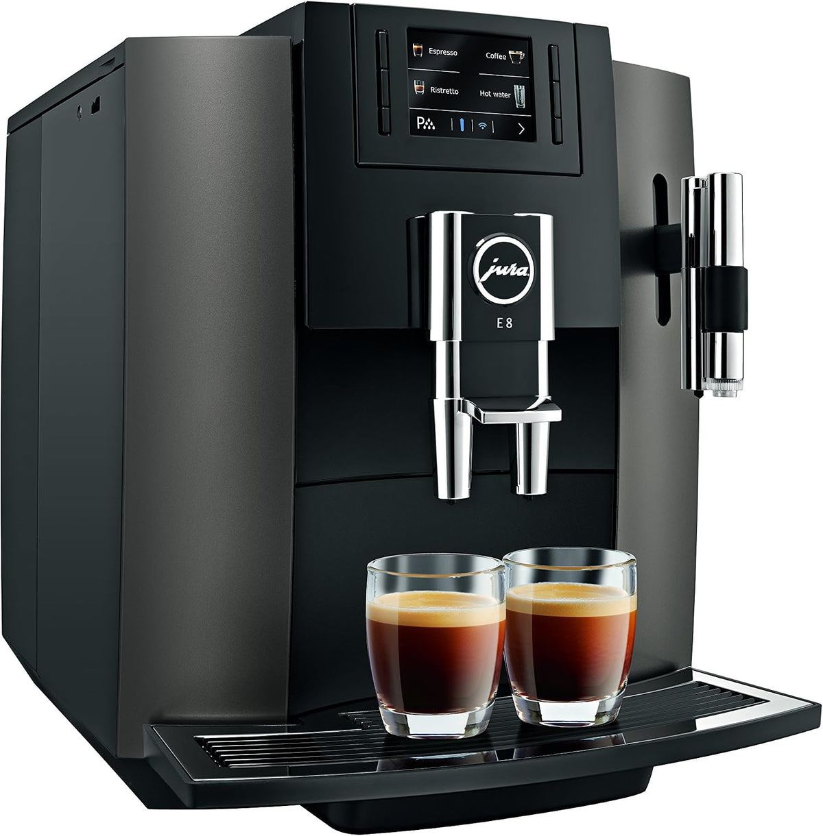 Jura E8 freistehend vollautomatisch Maschine Espresso 1.9L 16tazas schwarz, Edelstahl, (freistehend, schwarz, Tasse, Knöpfe, TFT)