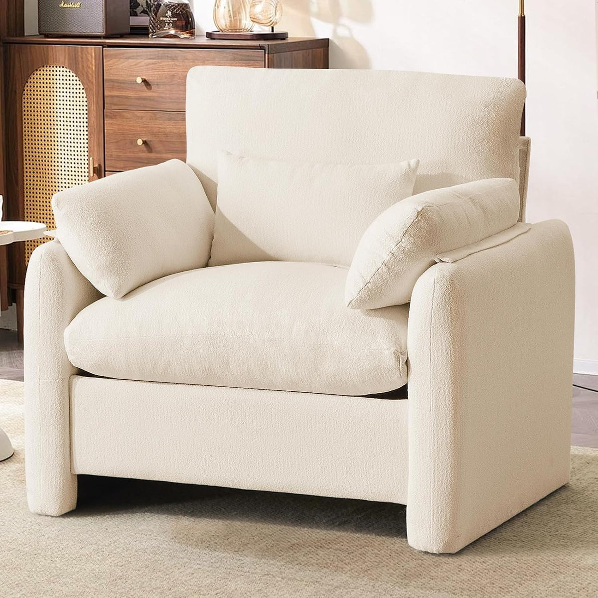 Extragroß Ohrensessel Sessel Wohnzimmer, 93.5cm Polstersessel Fernsehsessel Einzelsofa mit Abnehmbares Armlehne & Wurfkissen, Beige