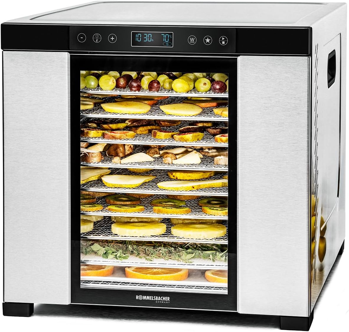ROMMELSBACHER Dörrautomat DA 1050, Temperatur einstellbar (35 °C, 75 °C), Dörrfläche 1,6 m², 10 Edelstahl-Dörrtabletts, Warmhaltefunktion