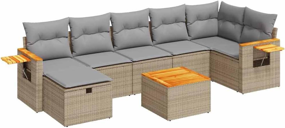 8-TLG Lounge Set Gartenmöbel Beige Rattan mit Tisch Hocker