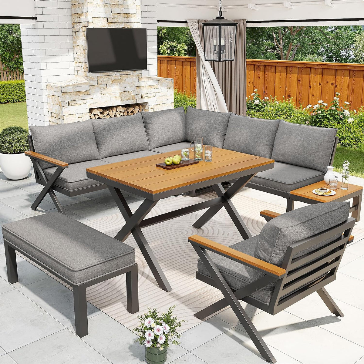 Gartenmöbel Set für 7–8 Personen, mit Dicken Kissen und Holztischen, Grau