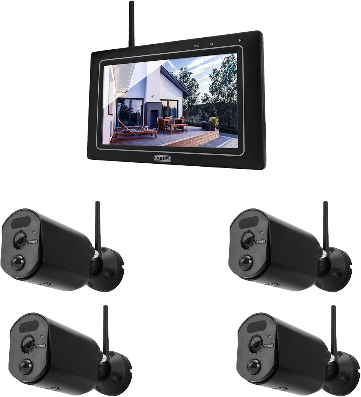 ABUS Überwachungskamera EasyLook BasicSet PPDF17000, 4er Set Kamera + tragbarer Monitor mit Touchscreen, Nachtsicht Schwarz 1080p, einfache Handhabung