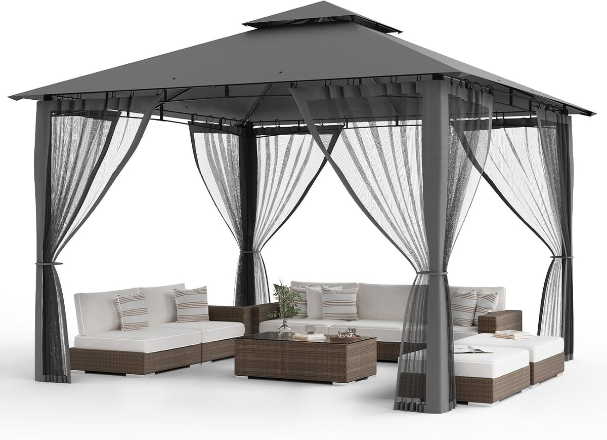 Amopatio 3.4x3.4 Garten Pavillon Wasserdicht Stabil Winterfest, Partyzelt Gartenlaube Metall für Pool Seite, Doppeldach Gartenpavillon mit Moskitonetz