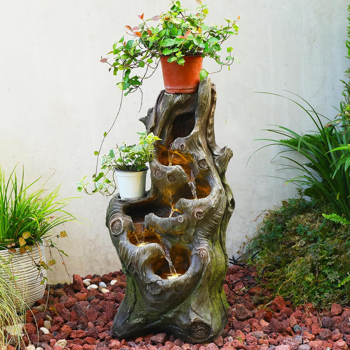 Bumilgar LED-Gartenbrunnen im Baumstamm-Design, 5-stufiger Kaskaden-Wasserfall aus wetterfestem Kunstharz