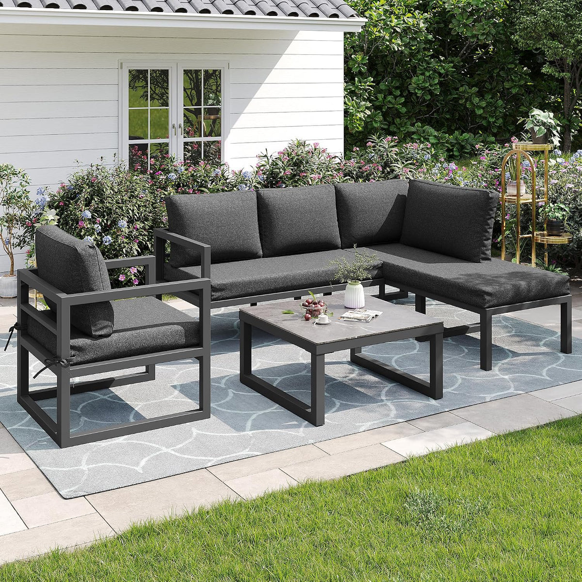 Gartenlounge Set für 4-5 Personen, Sessel und Couchtisch, Lounge Gartenmöbel Set mit Ecksofa, verstellbare Füße, Grau