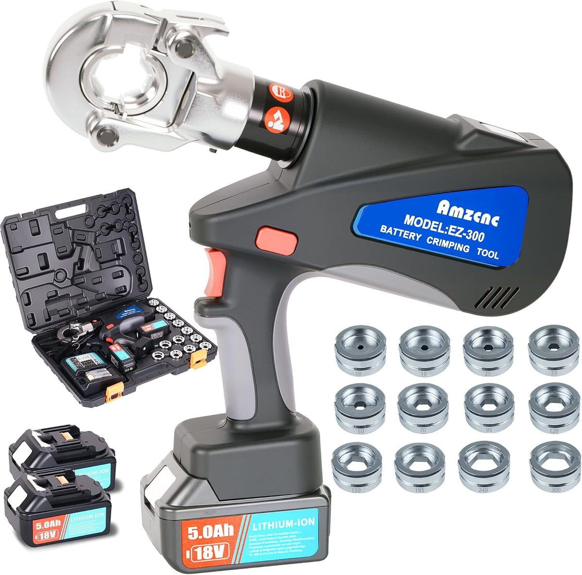 AMZCNC Wiederaufladbare Hydraulische Crimpzange, 18V Lithium Batterien 2 Stück, 16-300mm², 11 Stempel, Kabelschuh Crimpzange