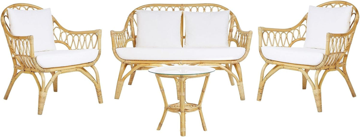 Lounge Set natürlicher Farbton 4er Sitzer Rattan Auflagen Weiß Sibari
