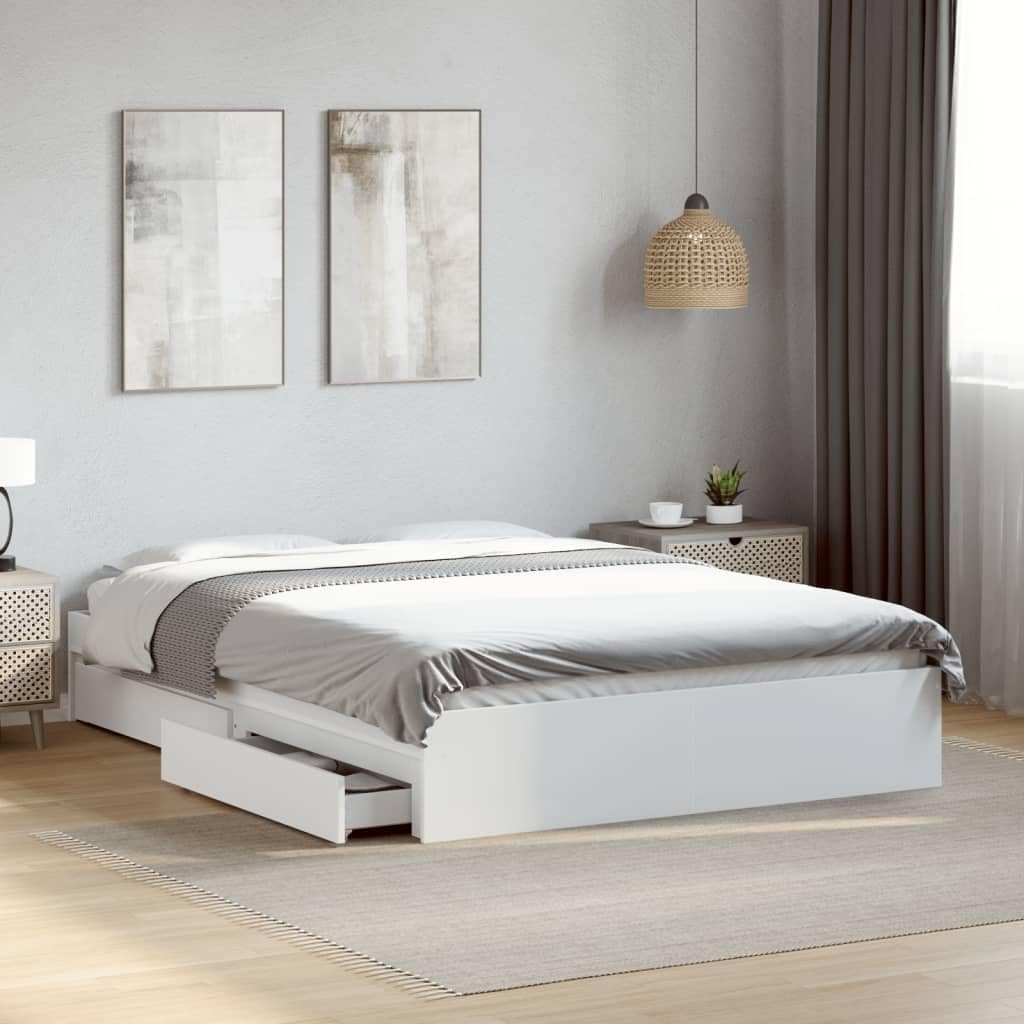 Refined Bettgestell Bett mit Schubladen für Schlafzimmer Bettrahmen mit Lattenrost Schlafzimmerbett Doppelbett Weiß 140x200 cm Holzwerkstoff