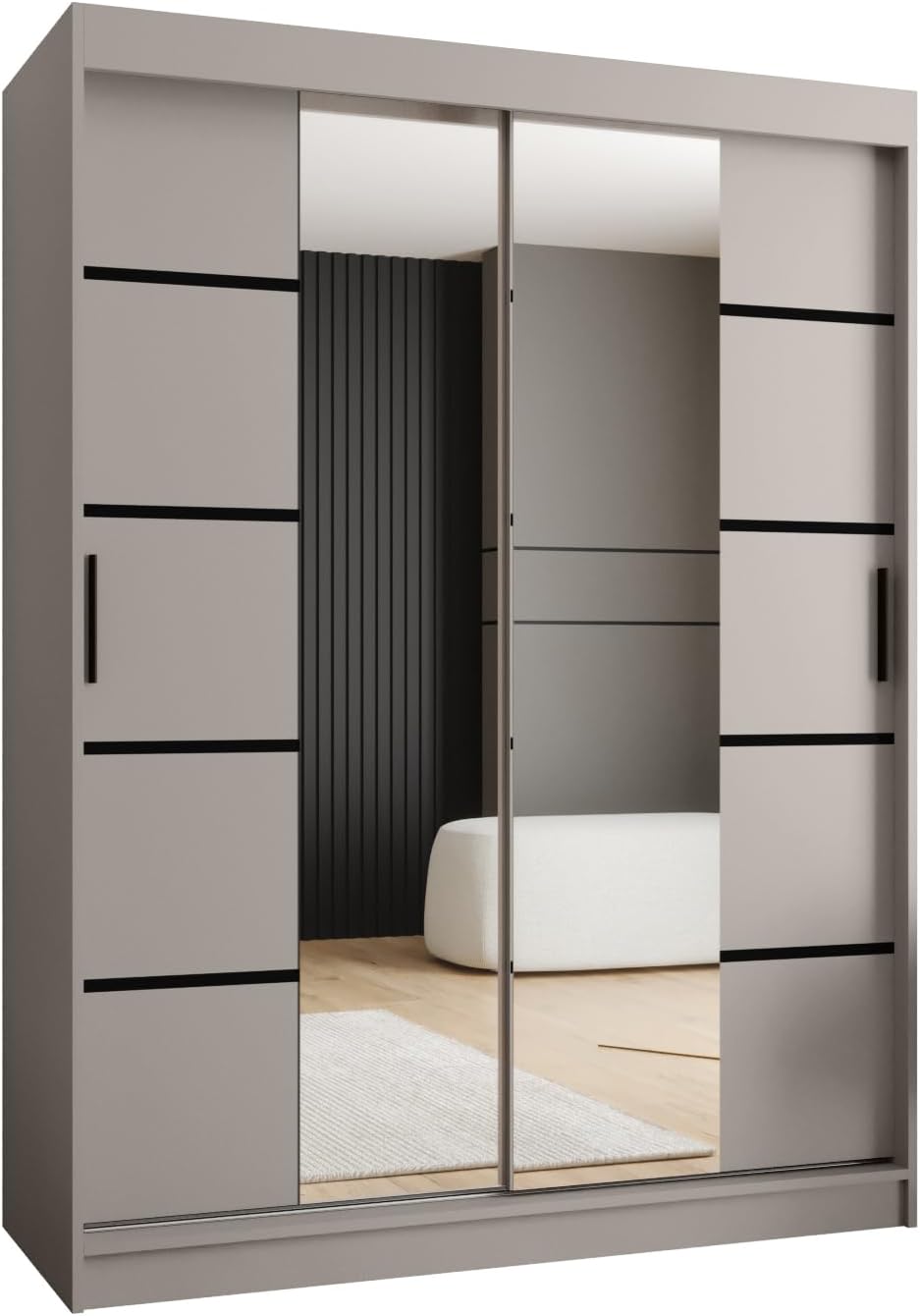 Kryspol, Kleiderschrank 150 cm Breit x 200cm(H) x 62cm(T), Kleiderschrank mit Spiegel, Schwebetürenschrank, 2 Türen, Laminierte Möbelplatte