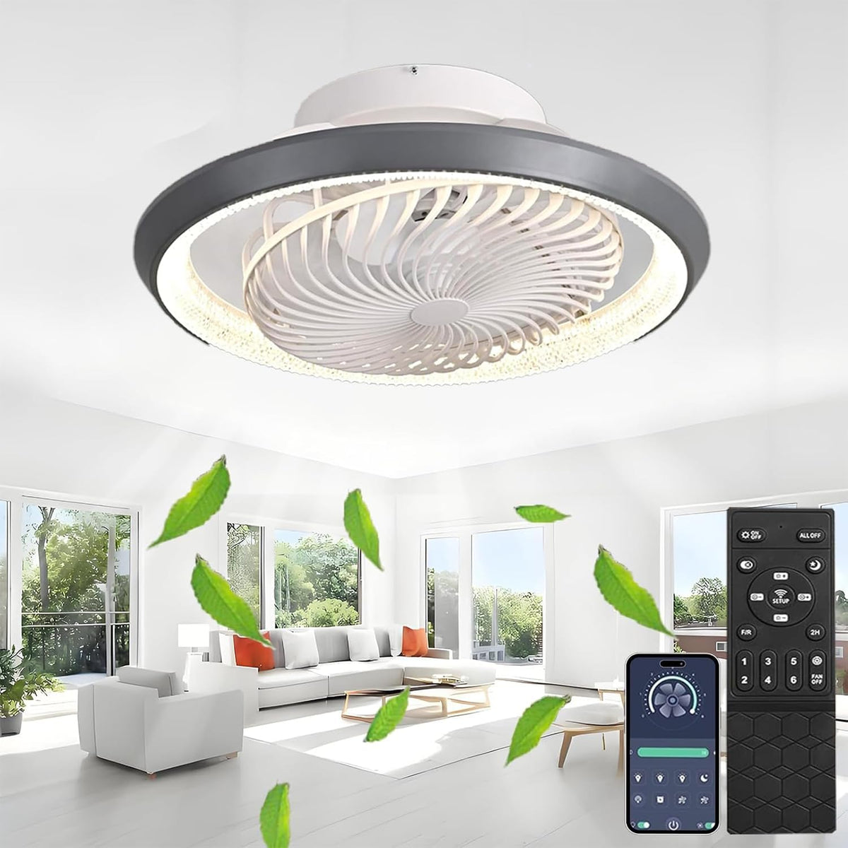 49cm LED Deckenventilator mit Beleuchtung, 72W Leise lampe mit Ventilator und Fernbedienung APP, Dimmbar Invisible Deckenlampe mit Ventilator, Grau