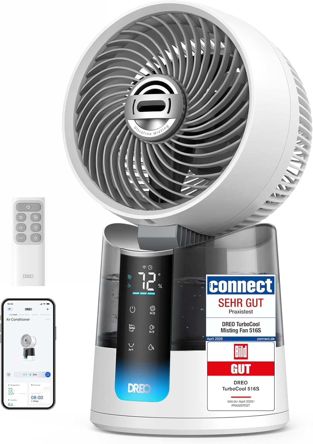 DREO TurboCool Nebelventilator 516S, 7.9 m/s, 20 dB leise, Tischventilator mit 150°+30° Oszillation, Verdunstungskühler, ultrafeiner Nebel, 2 Modi