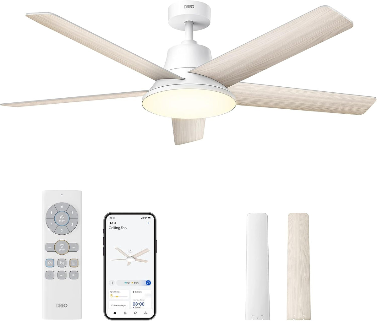 DREO Smart Deckenventilator mit Licht, 12H-Timer, 132 cm, für Innenräume, 12 Geschwindigkeiten(APP), 3 Modi, stufenlos dimmbares LED-Beleuchtung, Weiß