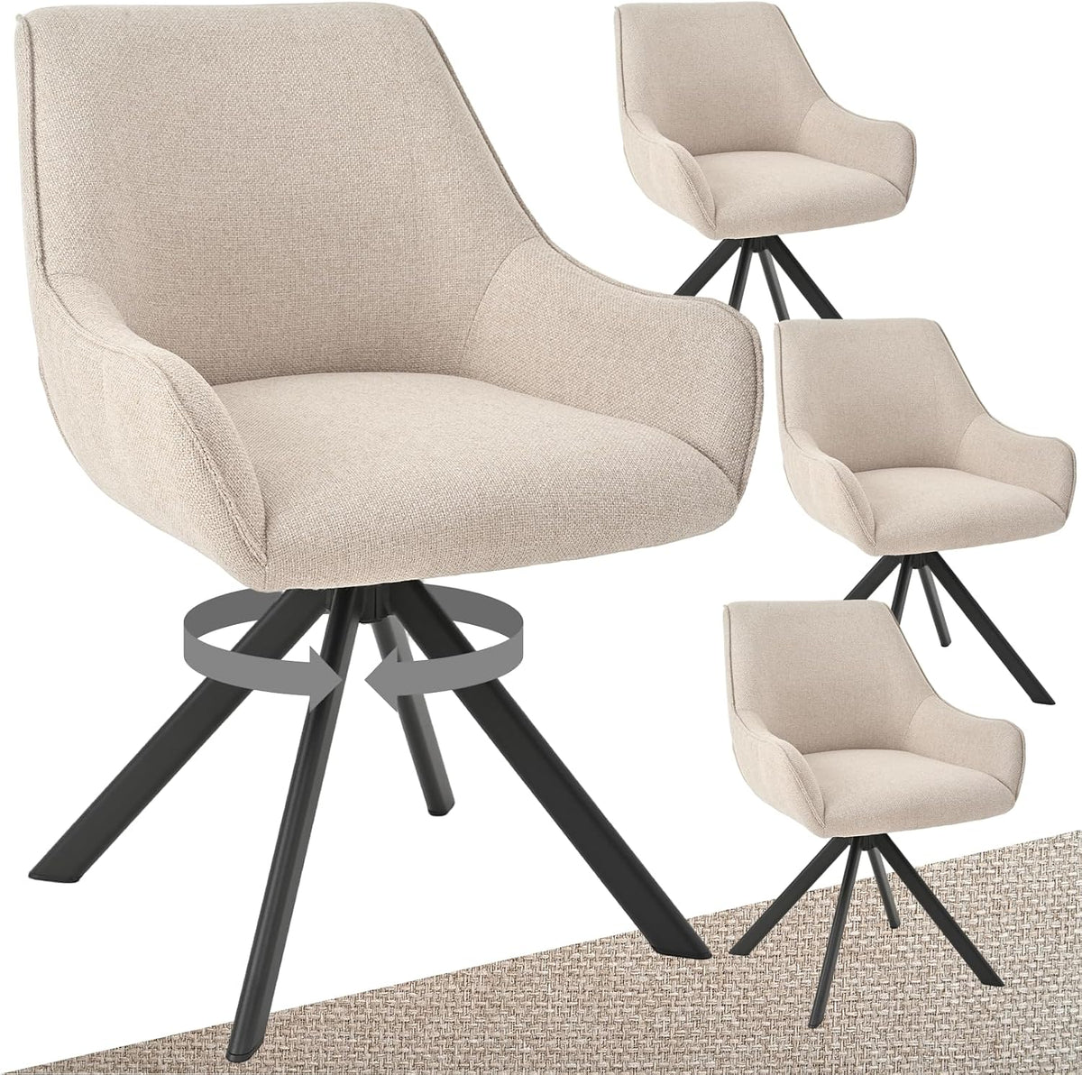 Esszimmerstühle Drehbar 4er Set mit Armlehne – 360°Drehbar Polsterstuhl Leinen Modern Drehstuhl Küchenstuhl mit Metallgestell und Rückenlehne
