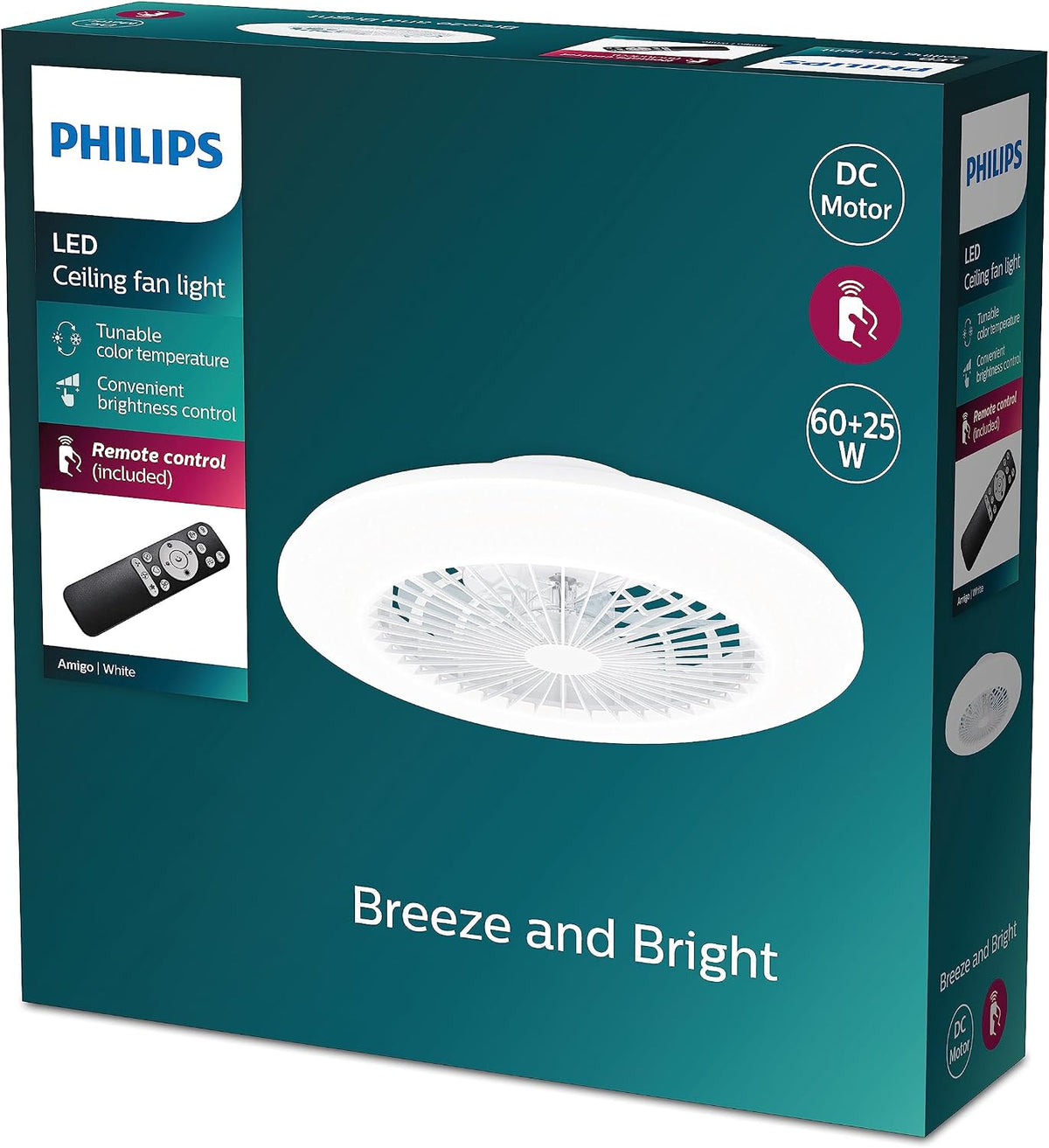 PHILIPS Deckenventilator und LED Deckenleuchte Amigo, Durchmesser 58cm, 25W+60W, rund, inkl. Fernbedienung, weiß