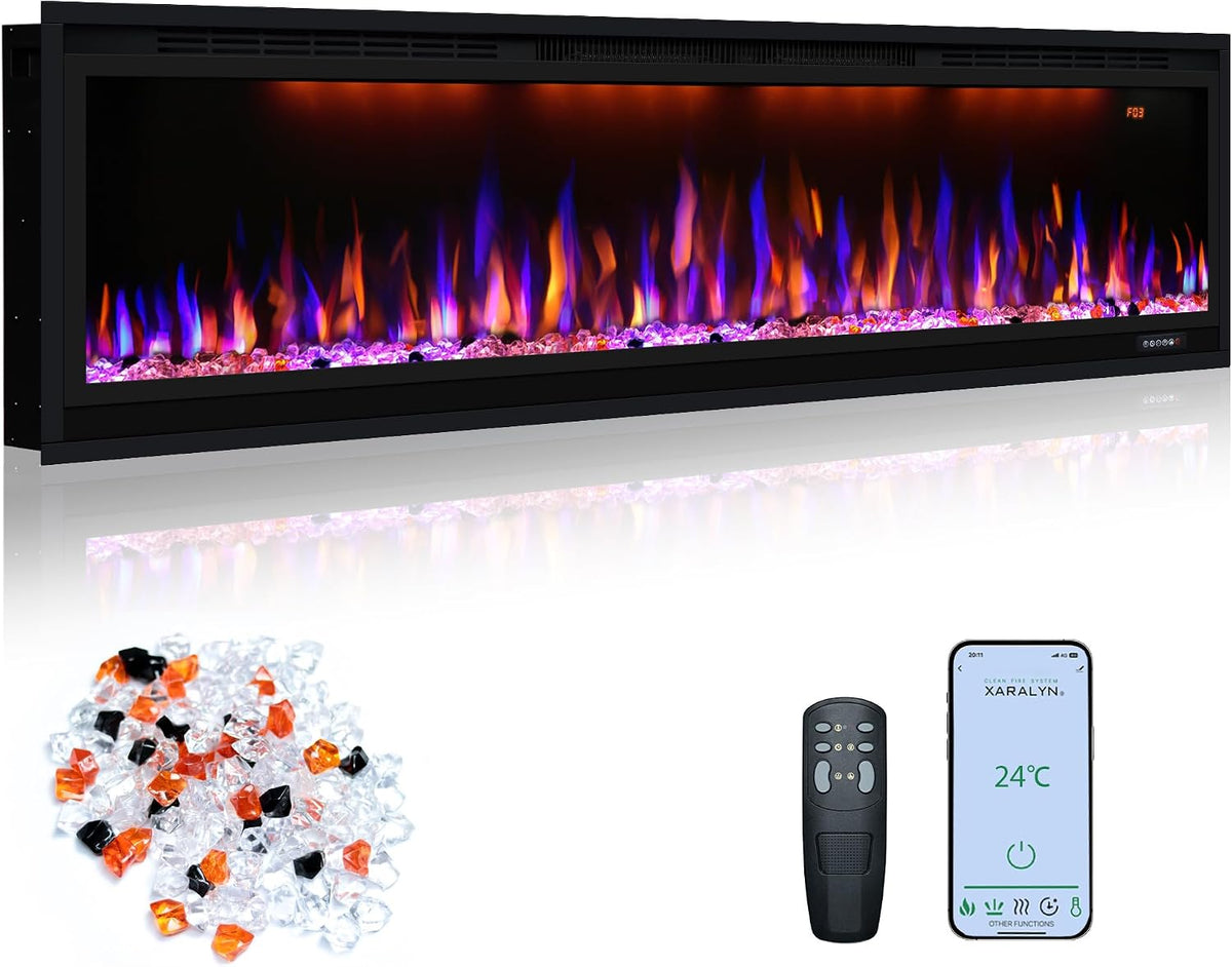 Elektrischer Kamin, 750/1500 W, schmaler Einbaukamin mit Fernbedienung, mehrfarbige Flammeneffekte mit realistischen Holzscheiten, Schwarz