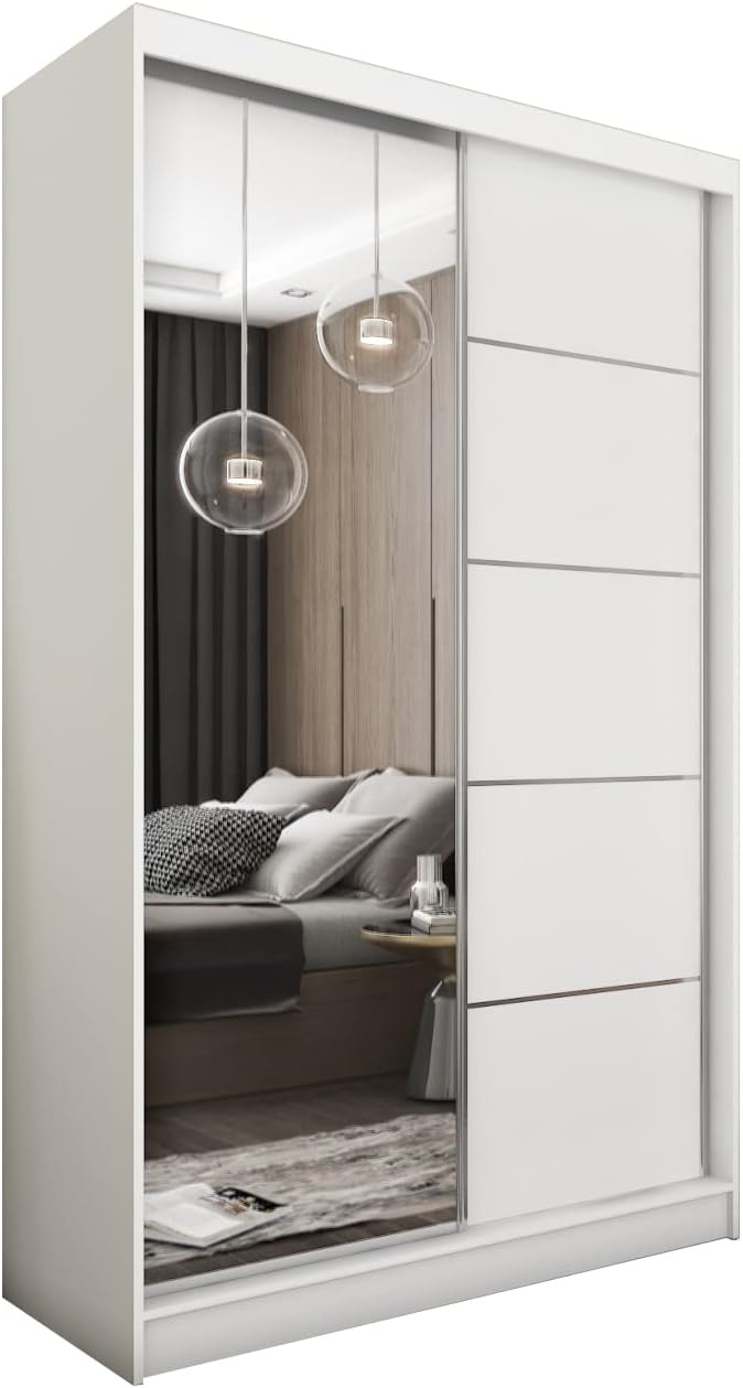 MEBLINI Kleiderschrank mit Spiegel, 120 cm, Schwebetürenschrank mit Kleiderstange, Schlafzimmerschrank mit Einlegeböden, Weiß/Weiß + Spiegel, 2 Türen