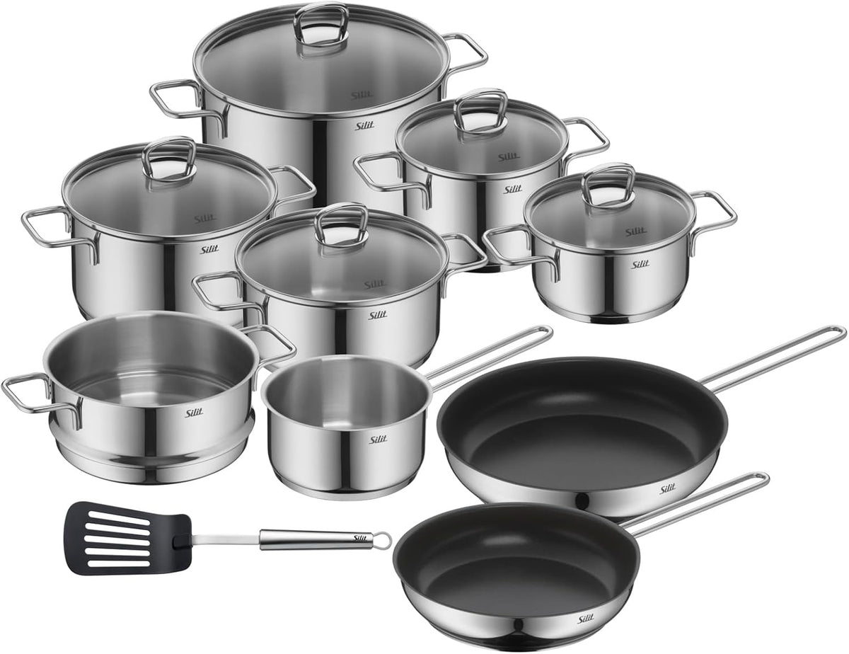 Silit Alicante Topfset Induktion 10-teilig, Kochtopf Set mit Glasdeckel, Edelstahl poliert, Induktions Töpfe Set unbeschichtet