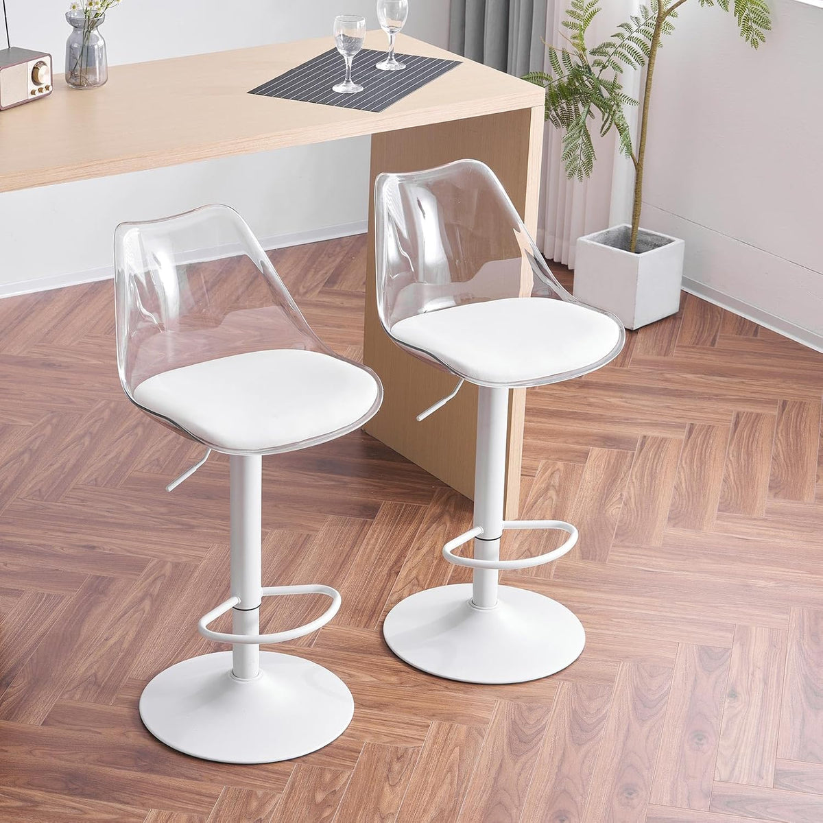 Barhocker Transparent 2er Set, Höhenverstellbare Tresenhocker mit Rückenlehne & Fußstütze, Moderne Küchenhocker für Esszimmer, Theke & Bar (Weiß)