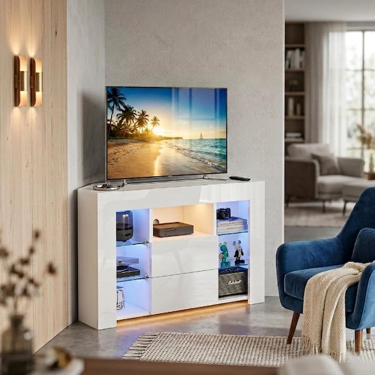 Dripex TV Lowboard Eckschrank Eckkommode mit RGB LED Beleuchtung Fernsehtisch Fernsehschrank 100x68x40 cm, Weiß Hochglanz
