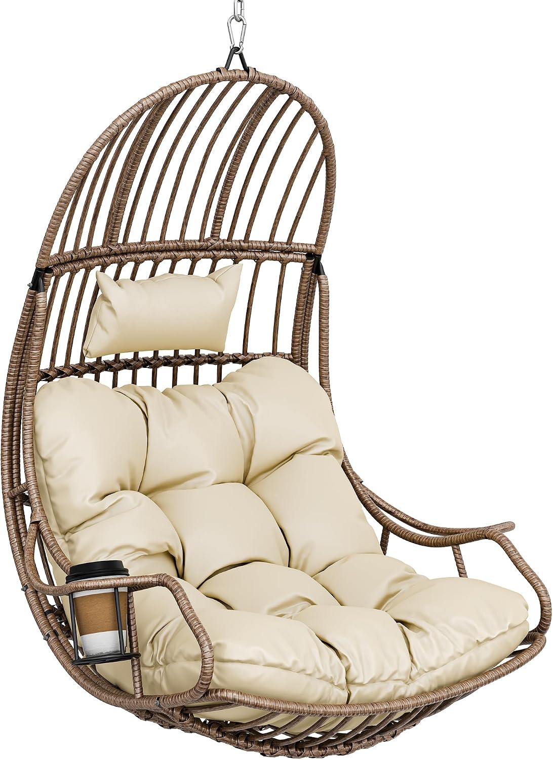 YITAHOME Hängesessel Eierschaukel 150 kg Belastbarkeit, Rattan Schaukelsessel mit Kissen & Getränkehalter, Hängekorbstuhl für Garten, Terrasse, Balkon