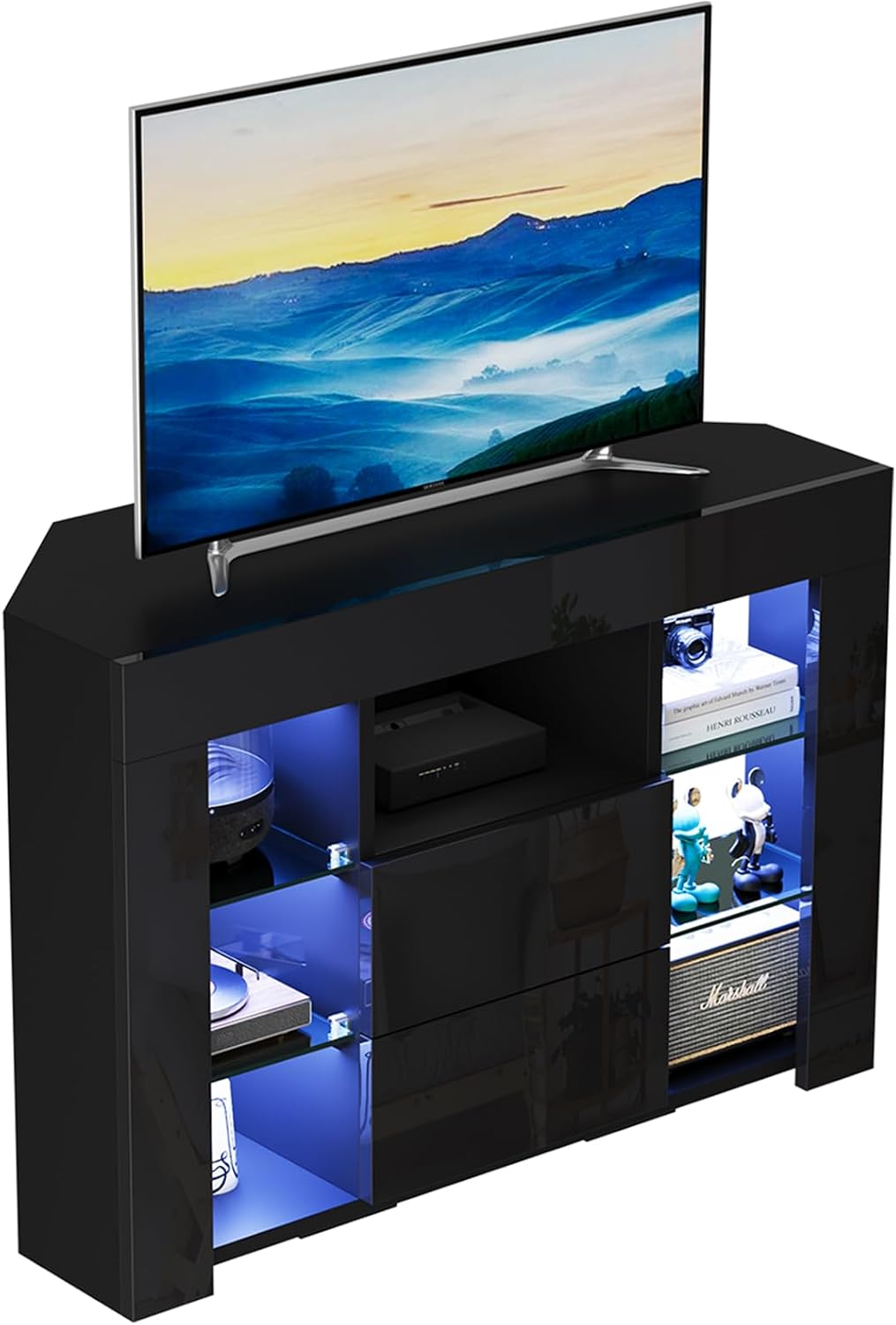 Dripex TV Lowboard Eckschrank mit LED Beleuchtung Schwarz Hochglanz Fernsehschrank Eckkommode Fernsehtisch TV Schrank 100x68x40 cm (Schwarz)