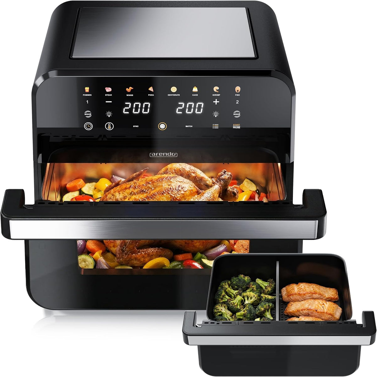 Arendo, Backofen Umluft, Grill, Fritteuse ohne Öl, Heißluftfritteuse XXL 12 Liter, 2 Kammern / 1 Kammer Match Funktion, extra Groß, Dörrautomat