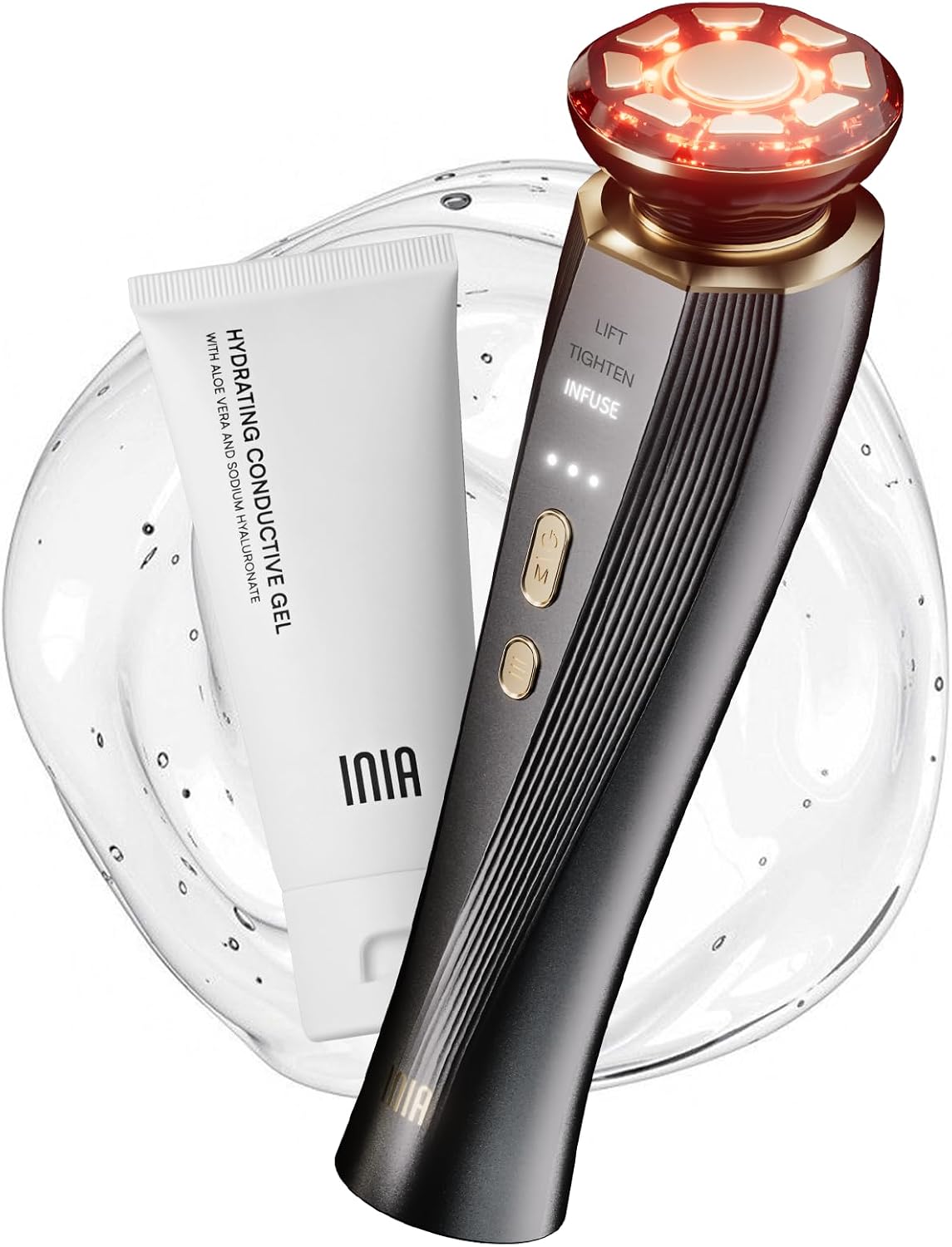 INIA FLARE Professionelles Mikrostrom Gesichtsmassagegerät mit Rotlicht, 3-in-1 für Gesicht & Hals mit Wärmefunktion