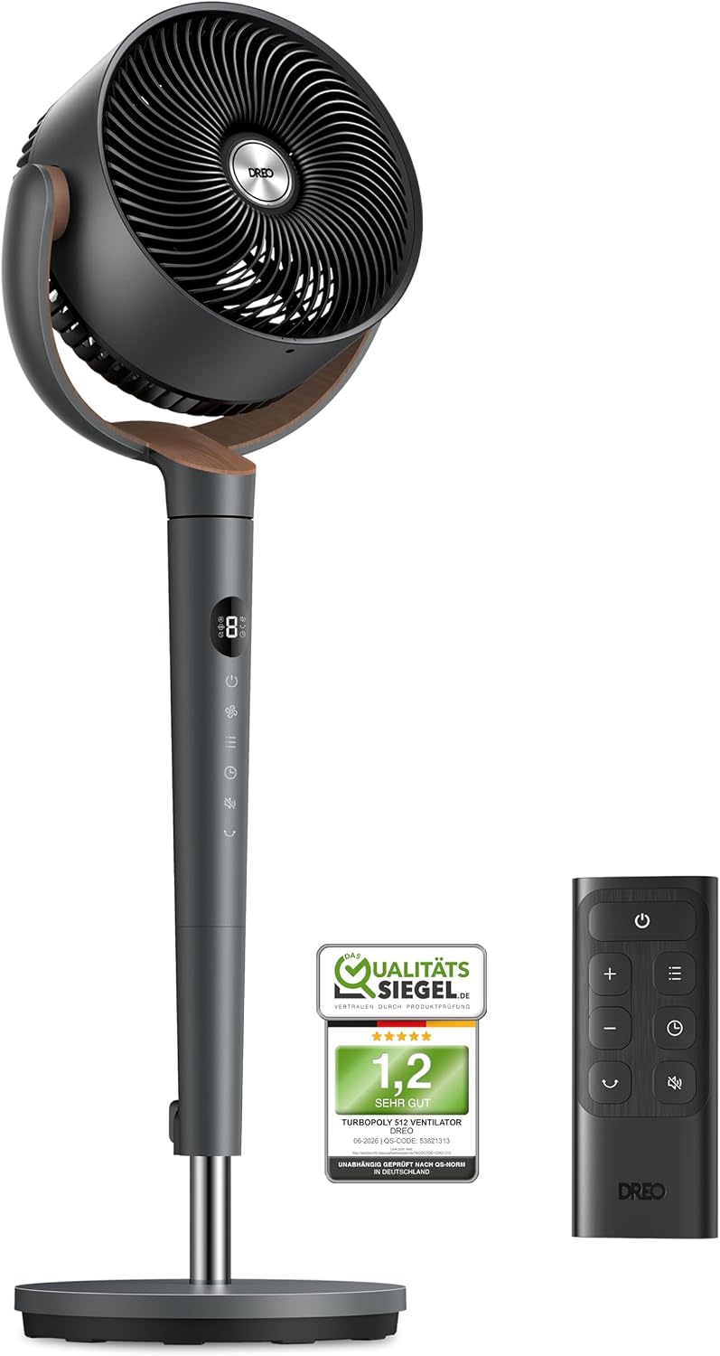 DREO Standventilator sehr leise, 20dB Silent Ventilator mit DC-Motor, 94-107cm höhenverstellbar, Ventilator groß mit Fernbedienung, 120° Oszillierend