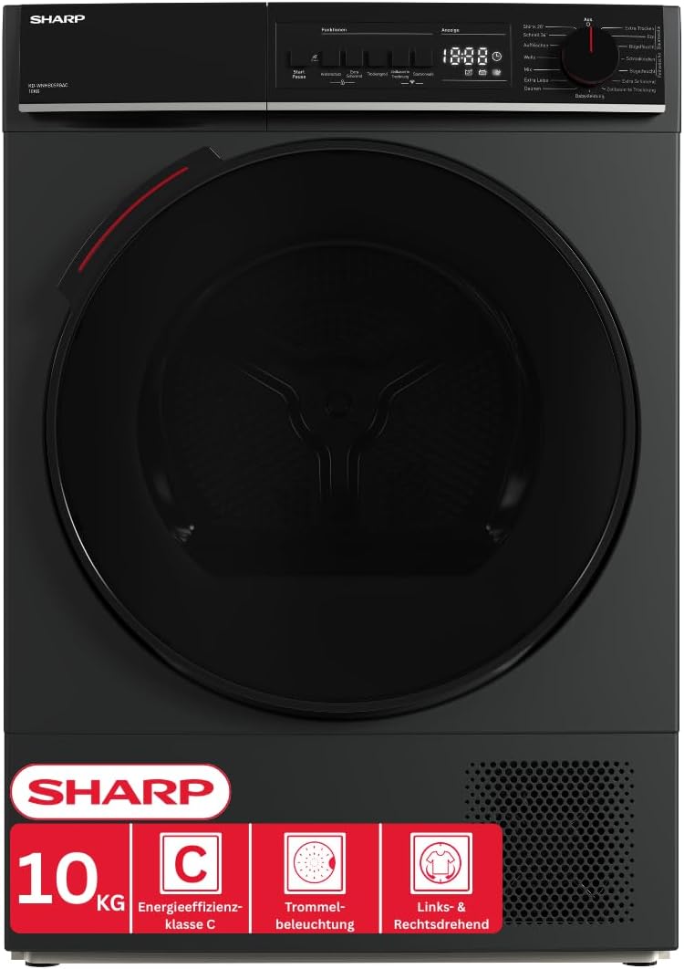 SHARP KD-WNHB0S9GAC-DE Wärmepumpentrockner (10 kg, Edelstahltrommel mit LED-Beleuchtung), EEK C), (15 Trockenprogramme, 20 Min. Kurzprogramm, WiFi