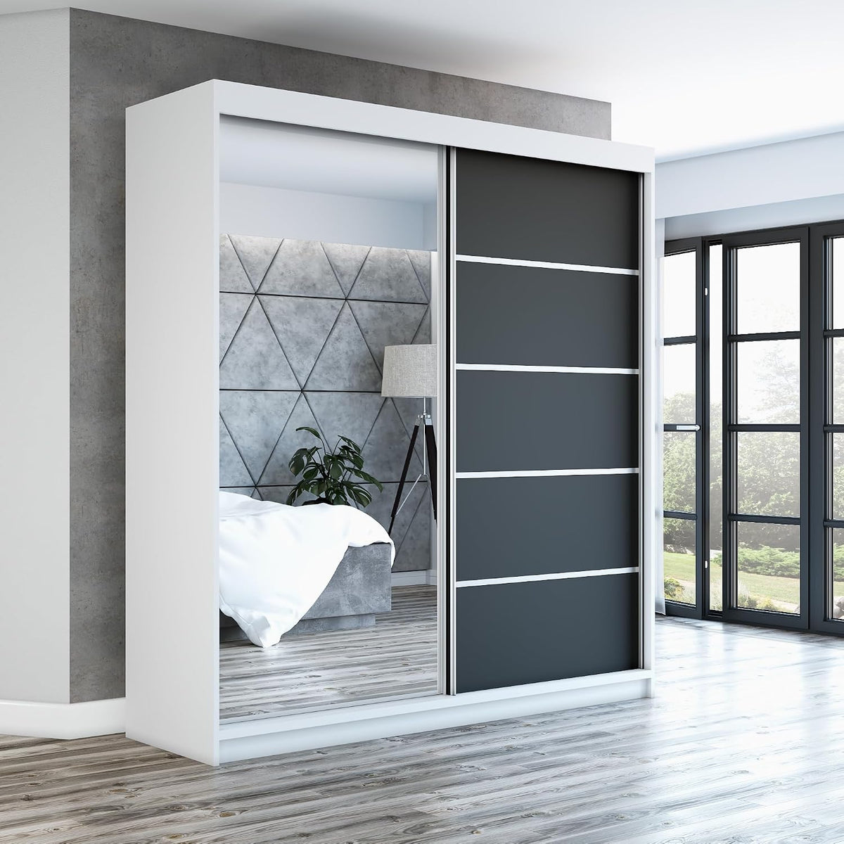 A&J MöbelLand Schwebetürenschrank GAPI Kleiderschrank 2-türig mit Spiegel, Garderobe 160 cm (Weiß/schwarz/schwarz)