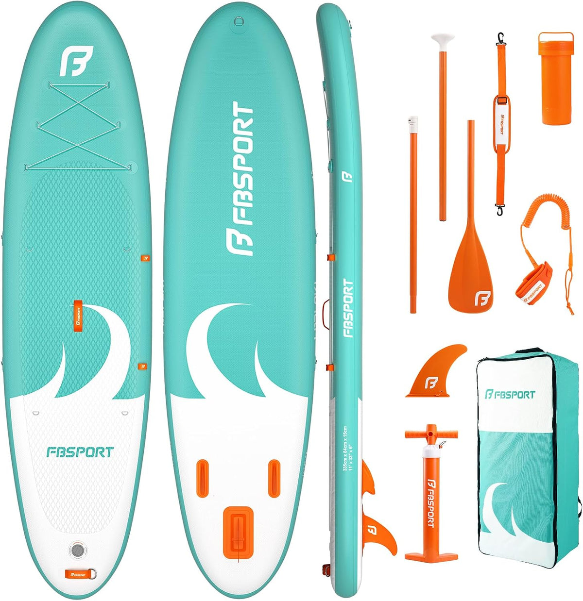 FBSPORT Stand up Paddling Board Surfbrett Surfboard SUP aufblasbar mit Pumpe 335x84x15 cm Tragetasche SUP Zubehör mit rutschfestem Deck, Leine, Paddel