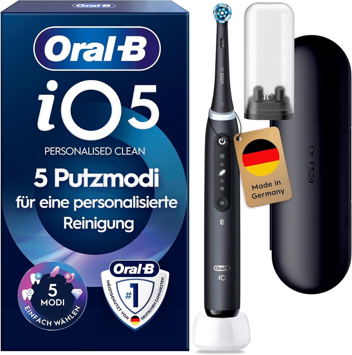 Oral-B iO Series 5 Elektrische Zahnbürste, Electric Toothbrush mit 5 Putzmodi für Zahnpflege, Schwarz, Inkl. 1 Aufsteckbürste, Reise-Etui
