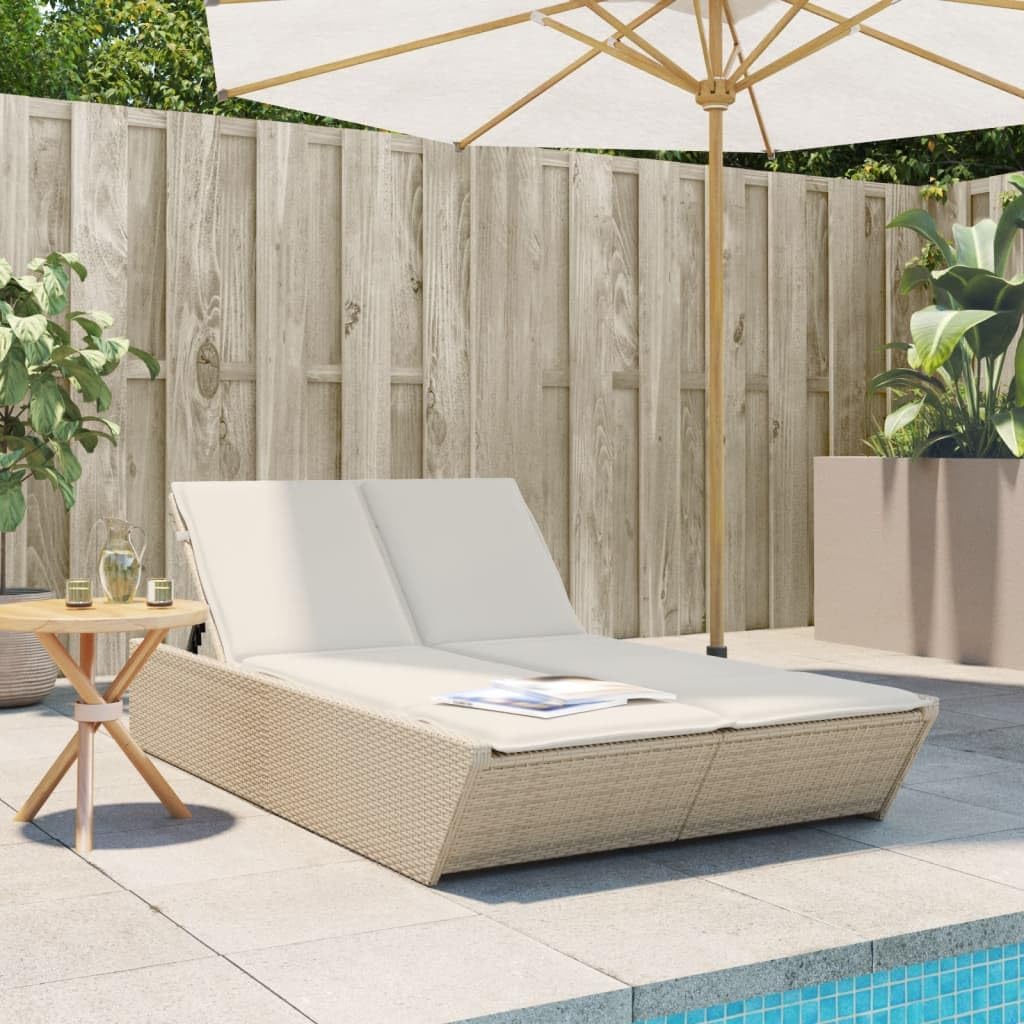 IKAYAA Doppelliege Outdoor 2 Personen Verstellbar Sonnenliege 2 Personen Rattan Sonnenliege Sonnenbett Loungebett Gartenbett mit Auflage Liege Outdoor