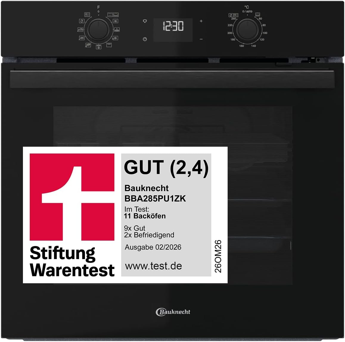 Bauknecht BBA285PU1ZK Einbau-Backofen, 60 cm, 71 l Garraum, Heißluftbackofen mit 12 Funktionen, PowerHeißluft, FlexiClean Pyrolyse & Hydrolyse