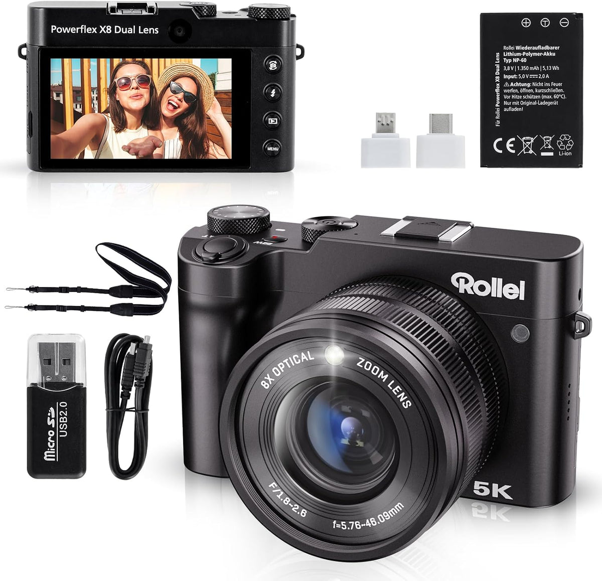 Rollei 64MP 5K Digitalkamera Powerflex X8 Dual Lens 8X Optischer Zoom