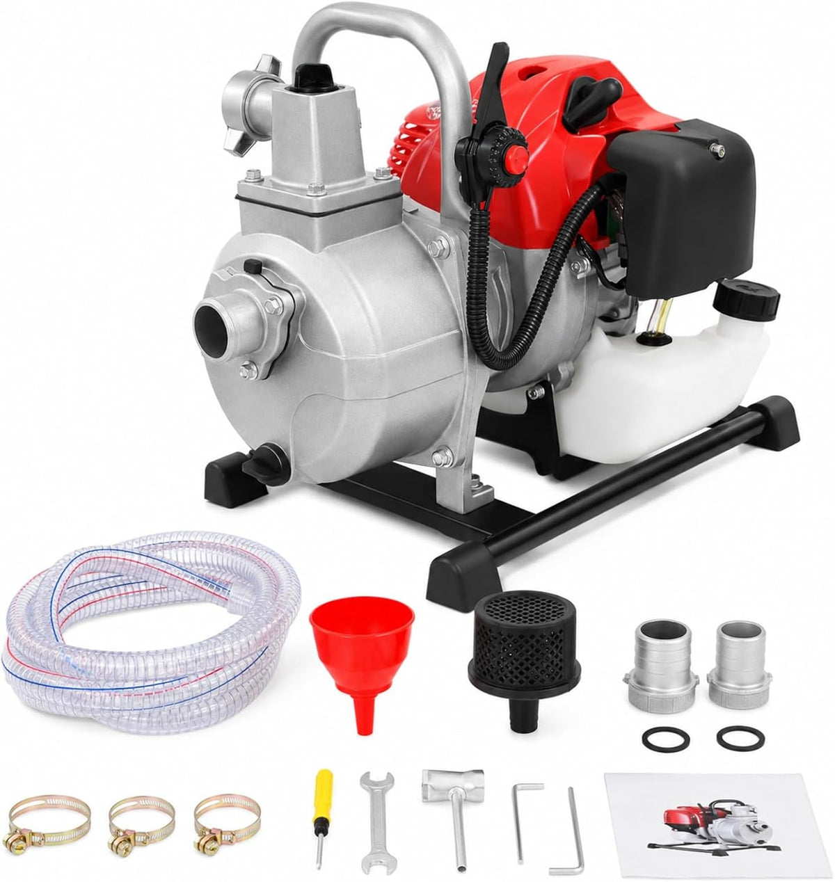 Benzin Wasserpumpe 1.25kW 10000l/h 8500U/min, 43cc Gartenpumpe mit 2 Takt Motor, 30m Förderhöhe, Teichpumpe für Entwässerung & Bewässerung, Motorpumpe