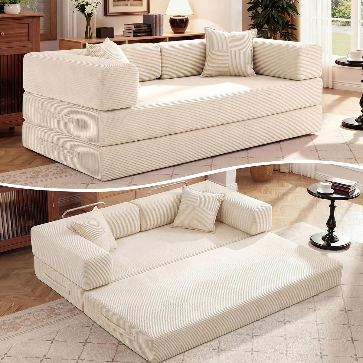Vipbear Schlafsofa 200cm Breit,5-in-1 Faltbares Boneless Couch Beige