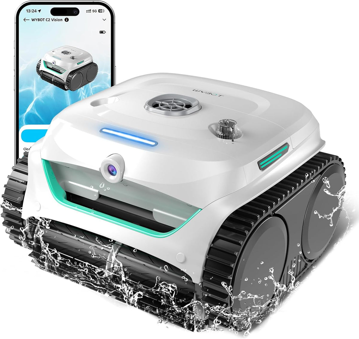 WYBOT C2 Vision AI Kamera Kabelloser poolroboter mit Akku, für Eingelassene Pools bis zu 180㎡(Weiß Grün), poolroboter Boden und Wand