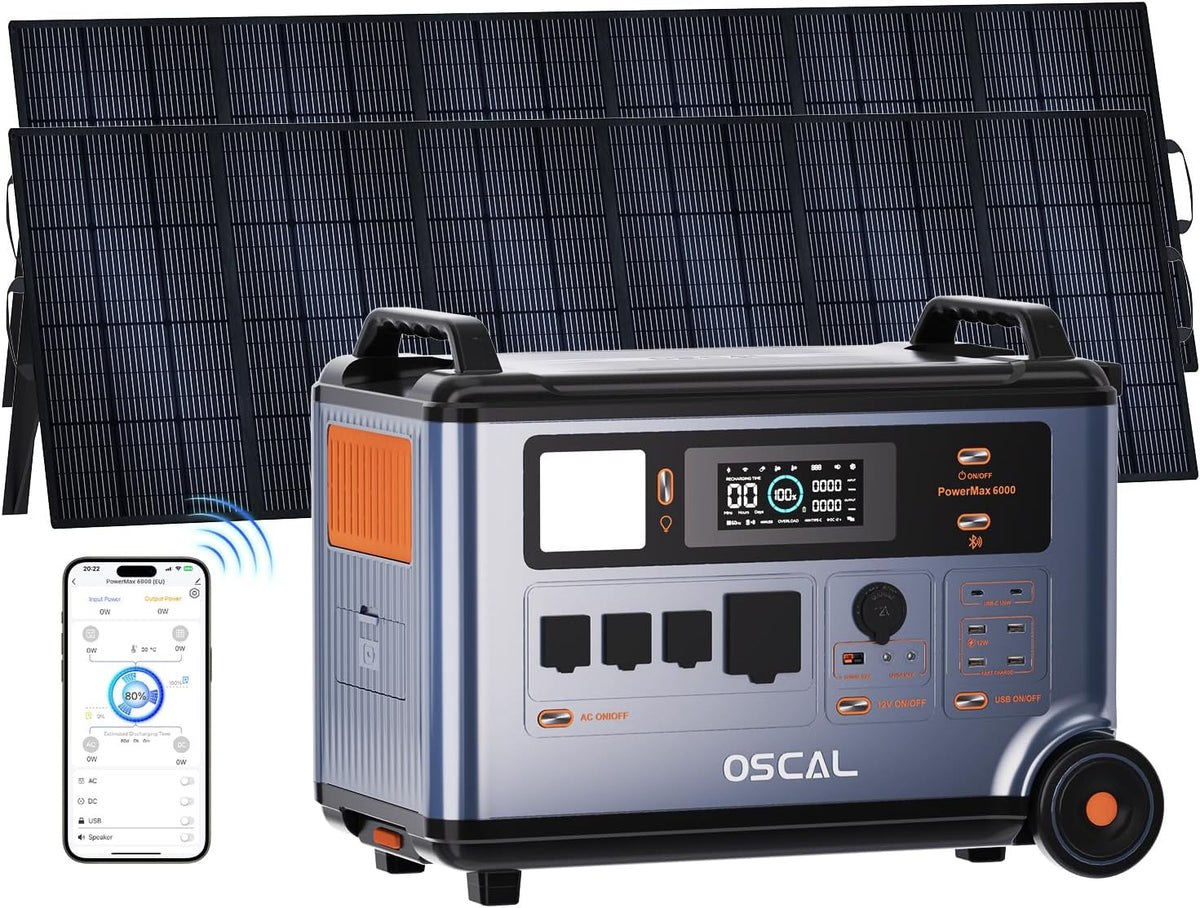 OSCAL PowerMax 6000 Solargenerator 6000W mit 2x500W Solar Panel, 3600Wh Erweiterbar auf 57.6kWh Tragbare Powerstation, LiFePO4-Akku, Stromausfall