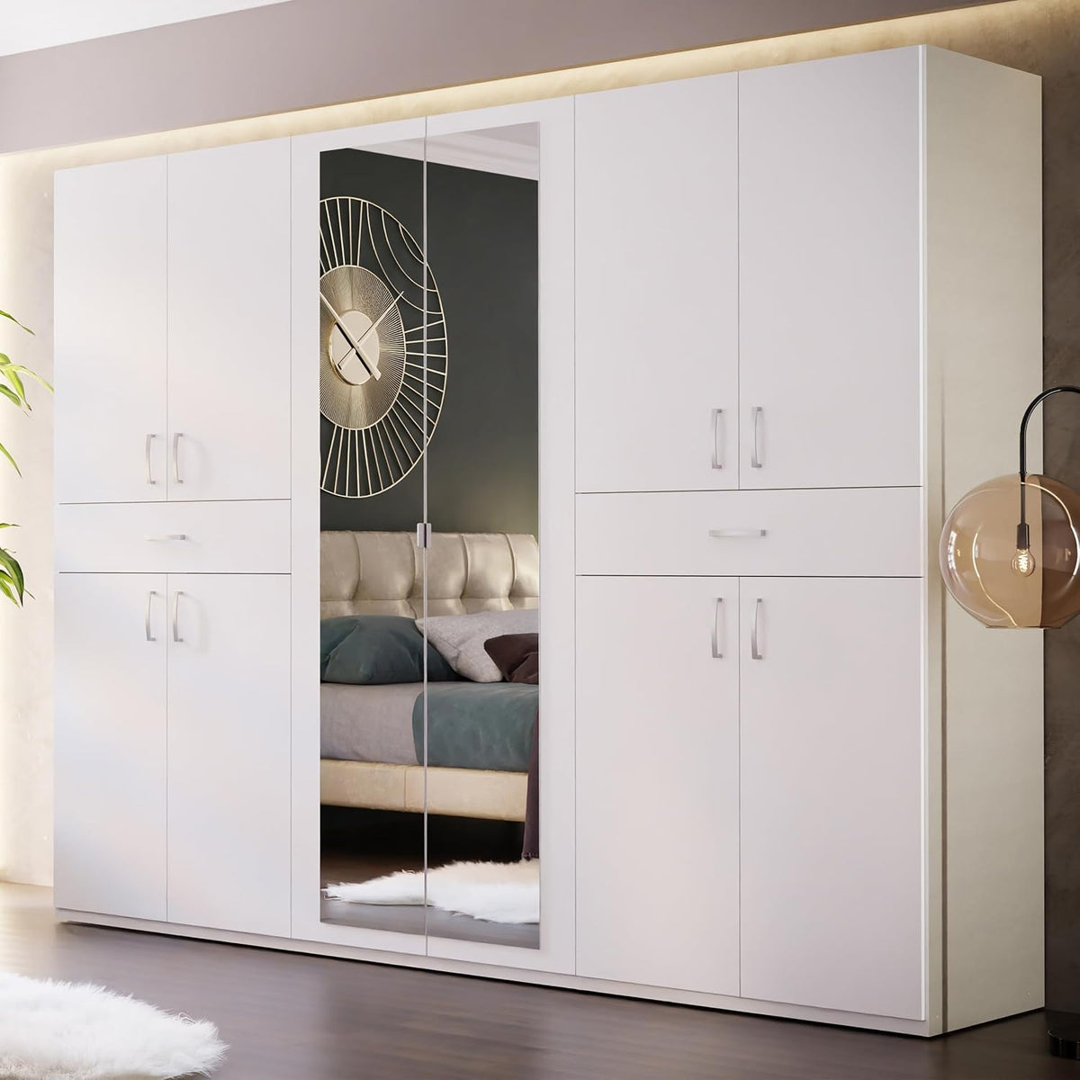 Forte Serenade Kleiderschrank 270, 10-türig, Spiegel, 269,7 cm breit x 210,5 cm hoch x 54 cm tief, moderner Drehtürenschrank, 2 Schubladen, Weiß