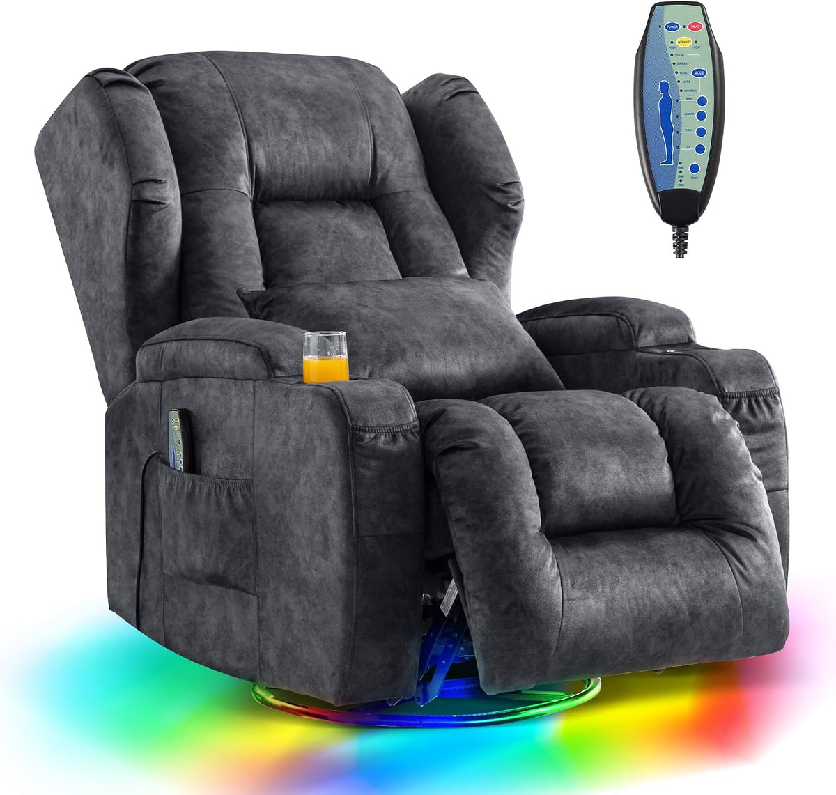 2 Motoren Elektrischer Verstellbar Relaxsessel mit Liegefunktion, Drehbarer Fernsehsessel TV Sessel mit Massage und Wärme, bis 150 kg, Samtstoff Grau