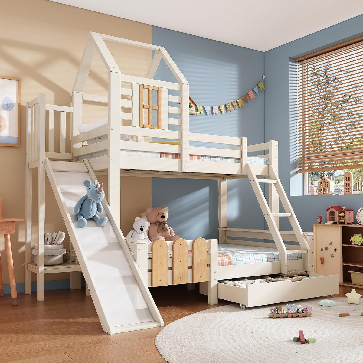 Kinderbett Etagenbett 90x200 & 140x200 mit Leiter & Rutsche, Weiß