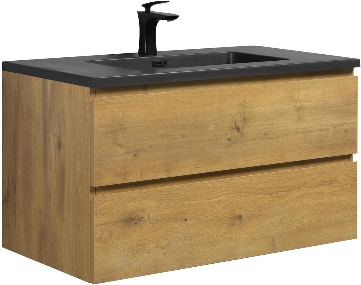 Badplaats B.V. Badezimmer Badmöbel Set Angela 90 cm, Unterschrank Schrank Waschbecken Waschtisch, Schwarzes Waschbecken, Eiche