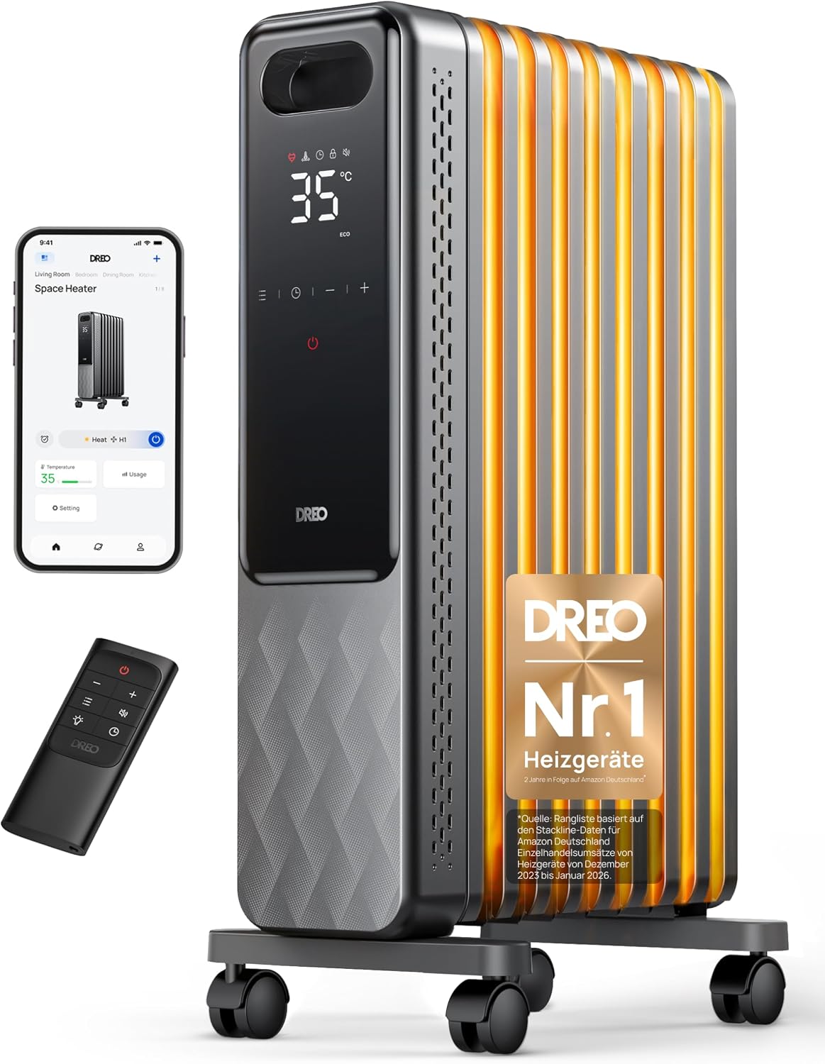 Dreo Ölradiator Energiesparend 2000W, OH310, Mobile Elektroheizung 9 Rippen mit Fernbedienung, Radiatoren Elektrisch Heizung mit Thermostat, 4 Modus