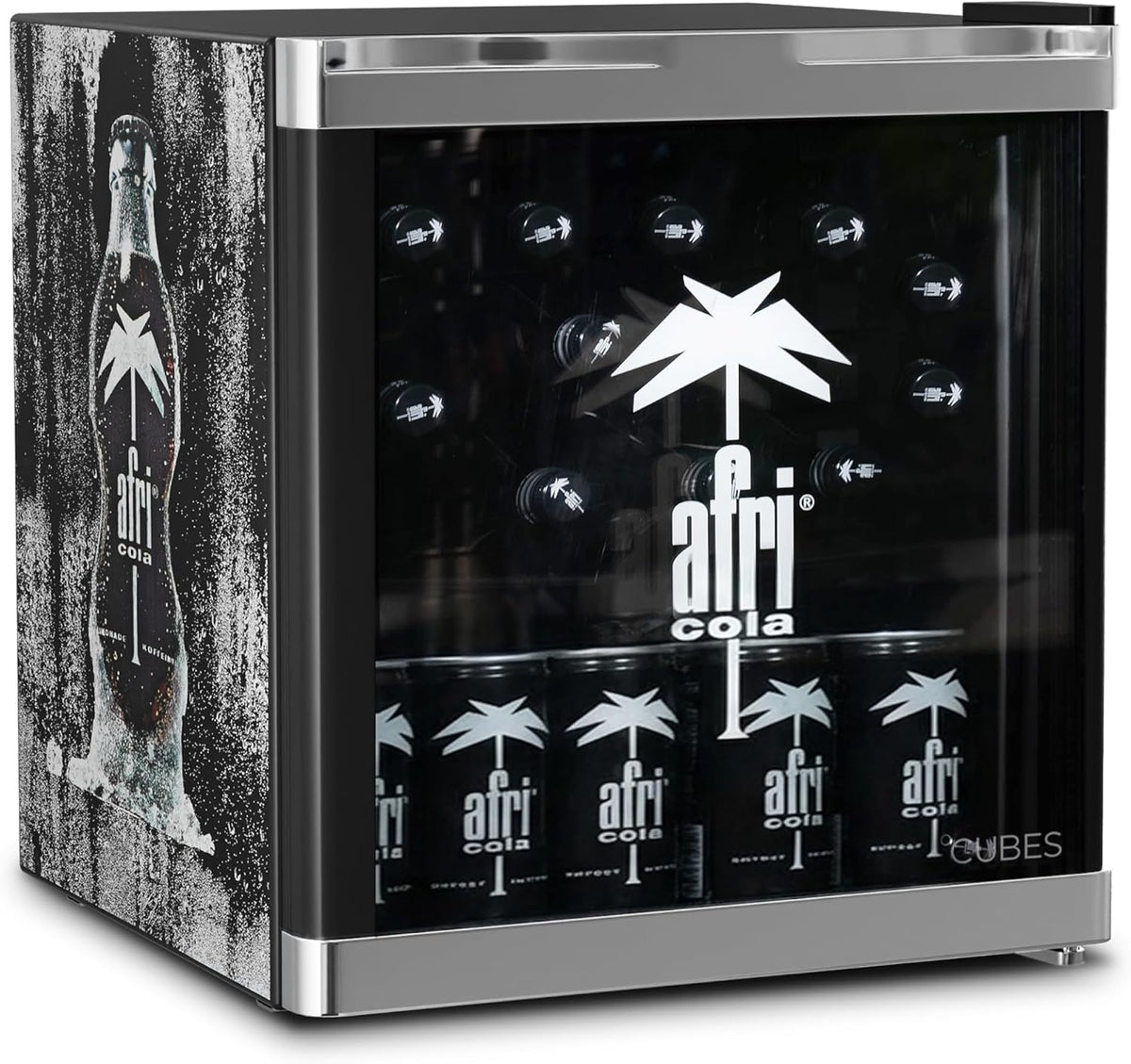 °CUBES Afri Cola Mini Getränkekühlschrank 48L (Schwarz), Kompakter Flaschenkühlschrank mit Glastür & wechselbarem Türanschlag, Für Bar, Küche