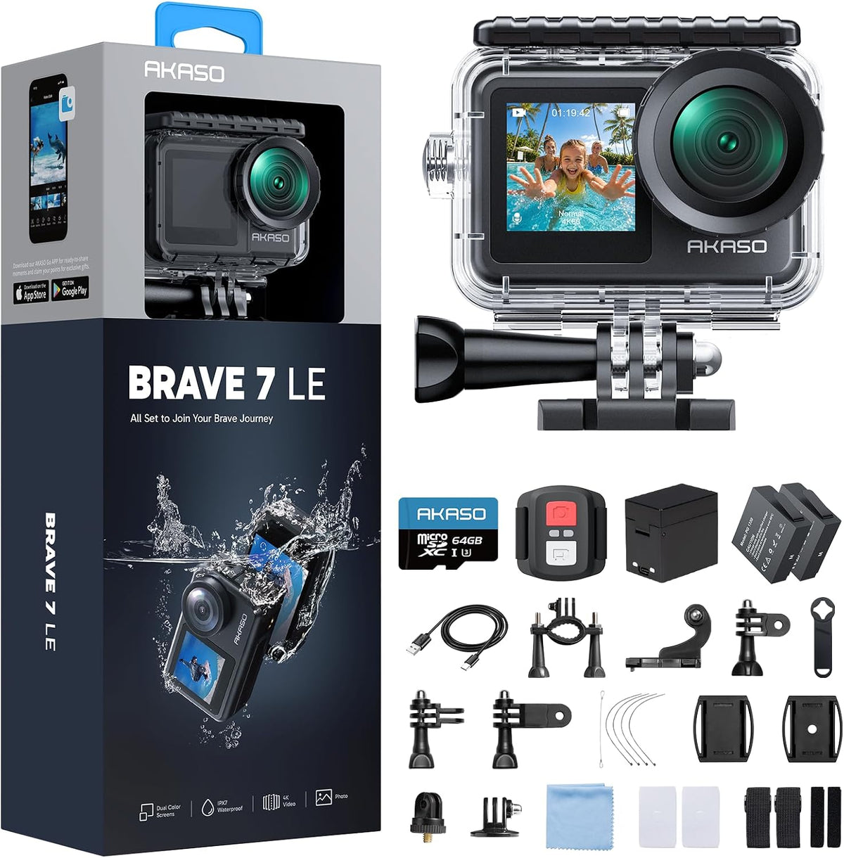 AKASO Brave 7 LE Action Cam 4K30FPS 20MP mit U3 64GB Speicherkarte Unterwasserkamera IPX7 Wasserdicht EIS 2.0 Dual Screen 40m WiFi